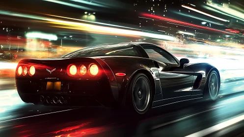 Black sports car cuts neon city night in dynamic motion.