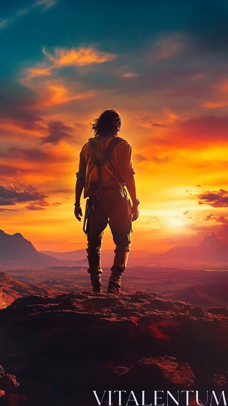 Hiker stands on cliff edge facing vivid sunset horizon.