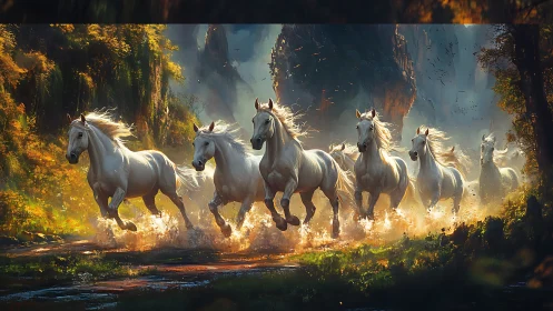 Galloping white horses in cinematic golden forest light.