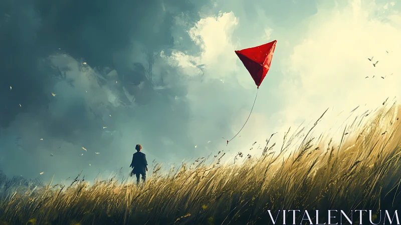 Child with red kite in windy golden field under clouds.