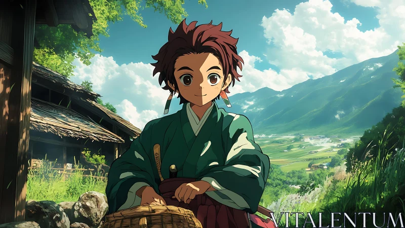 Anime boy in green kimono before rural mountain village.