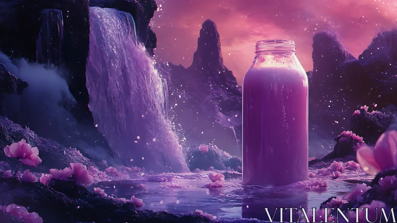 Dreamy lavender waterfall world in a glowing glass jar.