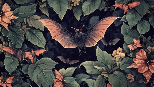 Nocturnal bats glide through lush jungle blooms at dusk