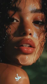 Close wet face of young woman rendered in photoreal detail