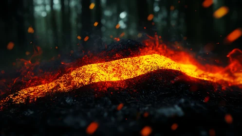 Molten Lava Flow. Volcanic Rock. Golden Heat Against Dark.