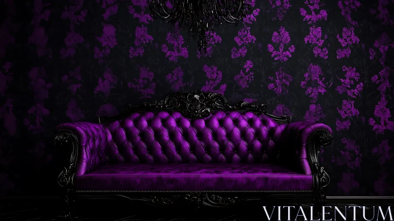 Baroque tufted purple velvet sofa against black damask wall