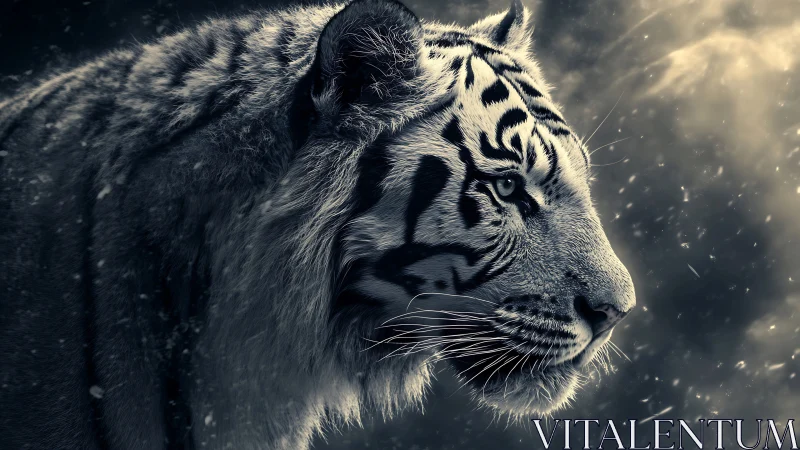 Lateral profile of monochrome tiger under particulate storm.