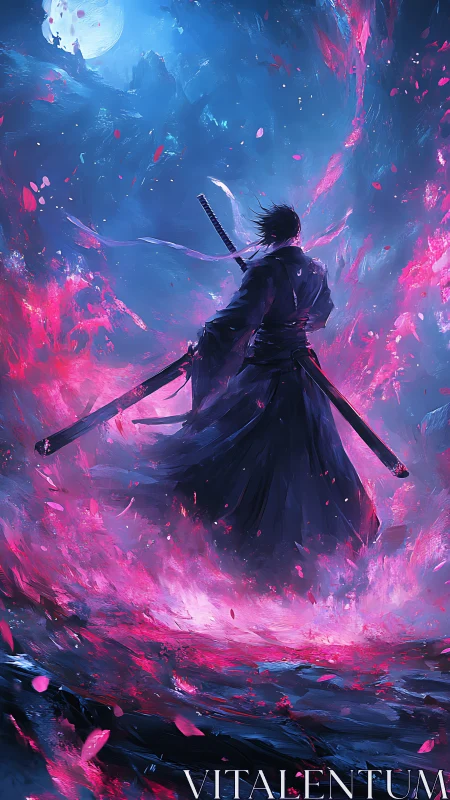 Moonlit swordsman steps into swirling pink and blue magic