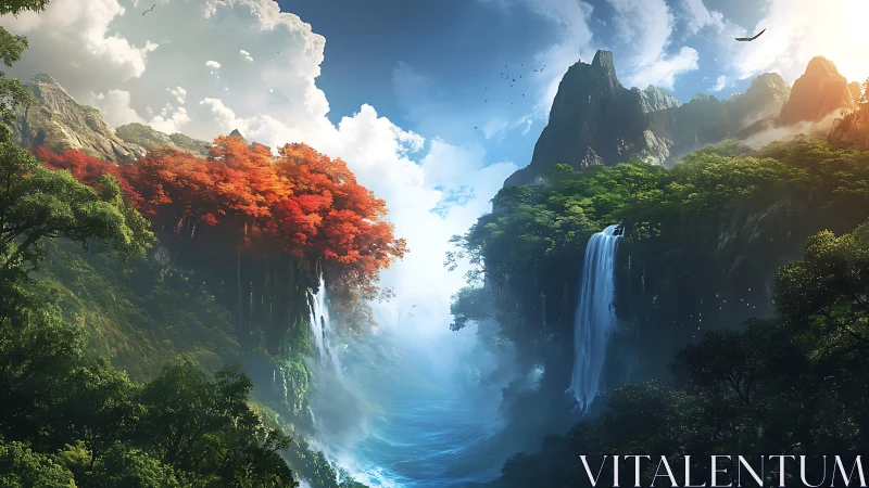 Twin enchanted cliffs rise around a misty, dreamlike valley