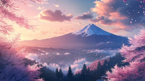 Snowcapped mountain overlooks cherry blossoms at sunset