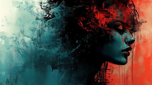 Portrait silhouette merges teal shadows and scarlet chaos.