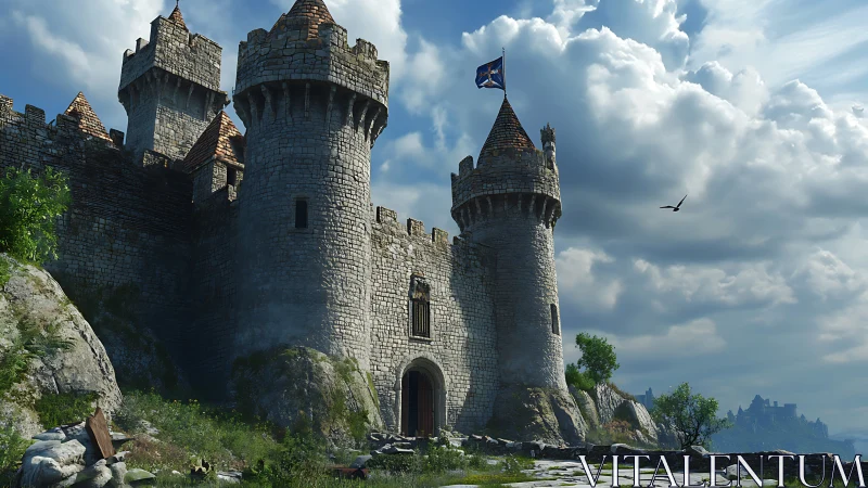 Medieval stone fortress under dynamic sky rendered in 3D