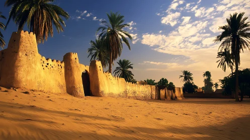 Photorealistic desert fortification under golden hour light.