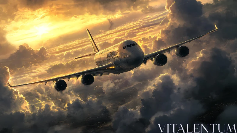 Digital painting of airliner ascending through stormlit clouds.