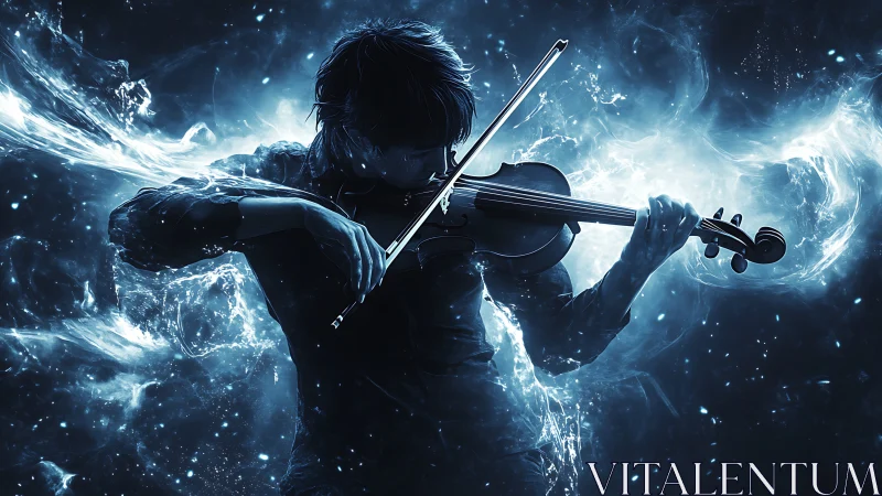 Violinist in glowing blue energy cloud, dramatic silhouette.