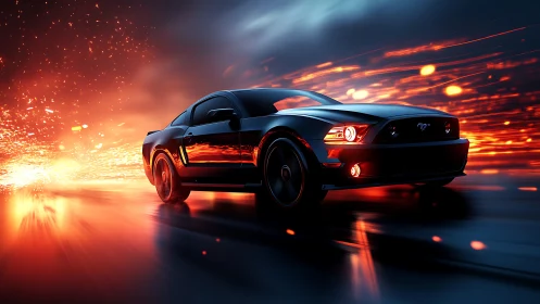 Muscle car cuts through neon sparks in a night speed run