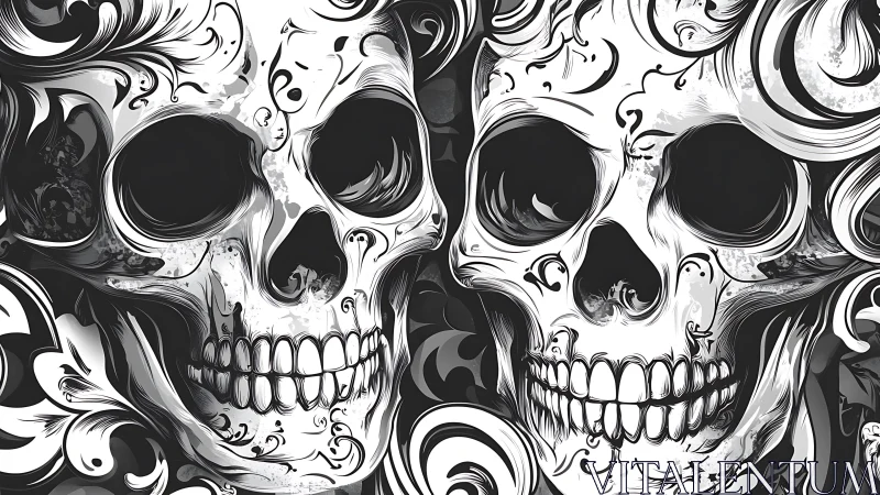 Monochrome twin skull illustration with swirling baroque flourishes.