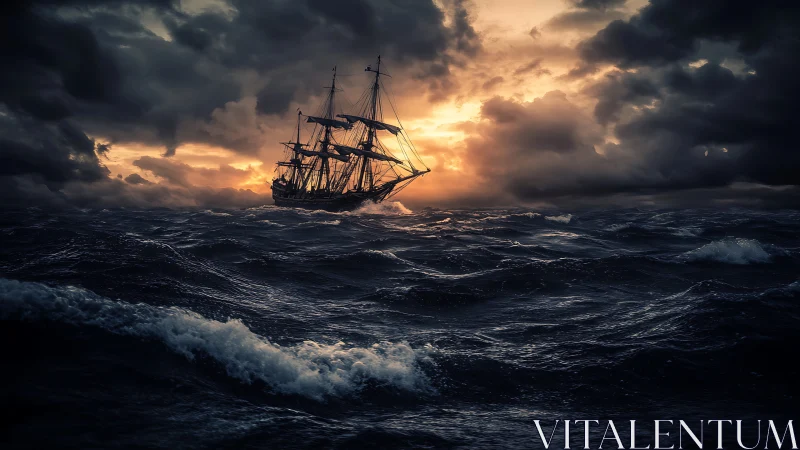 Storm-tossed tall ship under fiery sunset skies at sea.