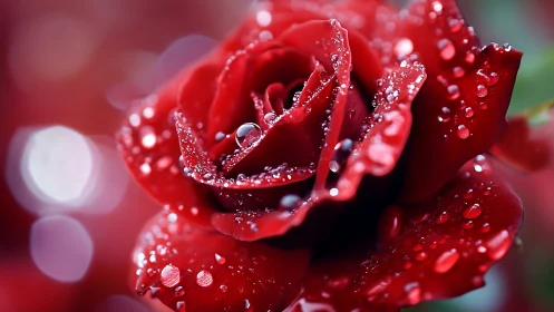 Red Rose with Dewdrops and Bokeh Background.