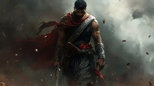 Battle-scarred warrior strides through swirling war smoke.