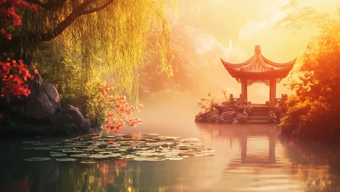 Golden lakeside pavilion glowing in peaceful morning light.