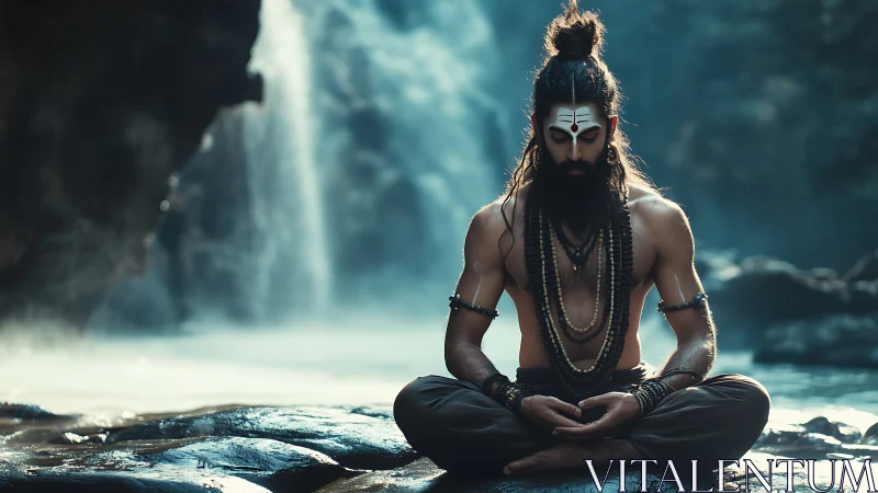 Mystic yogi meditates peacefully before a misty waterfall.