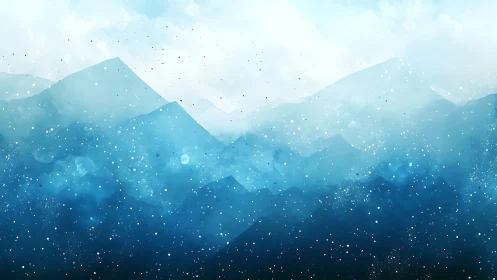 Layered blue mountain silhouettes in soft snowfall.