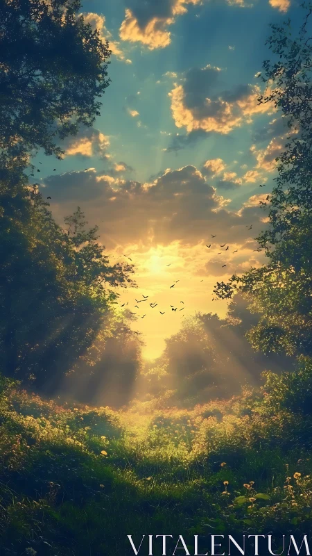 Sunlit woodland meadow opening into a golden sky portal.