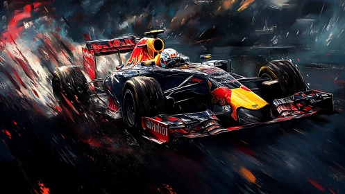 Formula race car cuts wet track with explosive motion