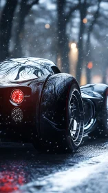Futuristic low-profile car is parked on a wet winter street