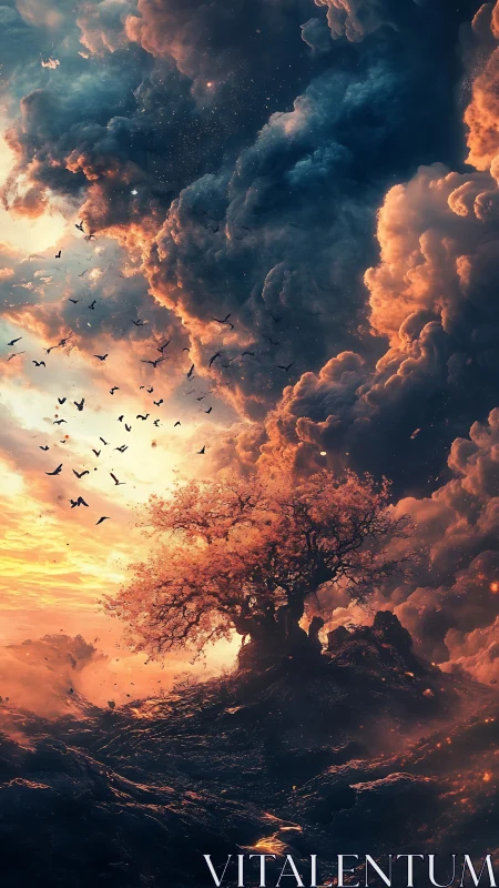 Solitary blazing tree under stormy ember filled sky.