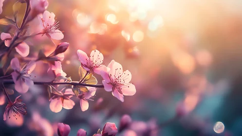 Soft-focus cherry blossoms with optical bokeh and golden hour lighting