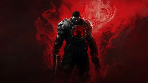 Armored soldier silhouette in red abstract digital field.