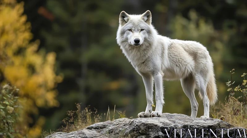 White wolf standing alert on rocky ledge in autumn forest.