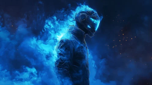 Lone neon astronaut glows softly within swirling blue flames