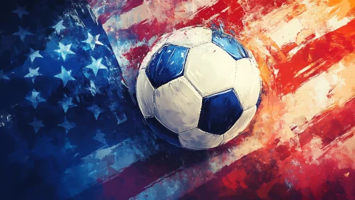 Dynamic soccer ball over abstract American flag brushwork