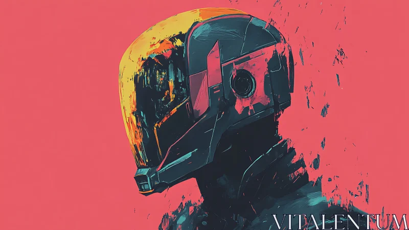 Neon-splashed cyber helmet portrait pulses against pink void