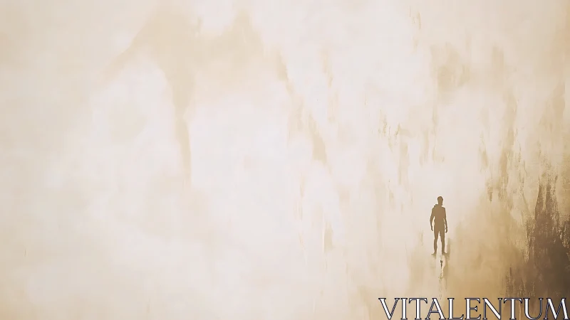 Solitary human silhouette stands against vast beige backdrop