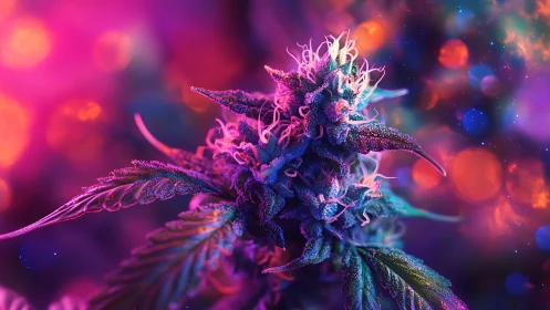 Cannabis flower macro under multicolored studio lighting.