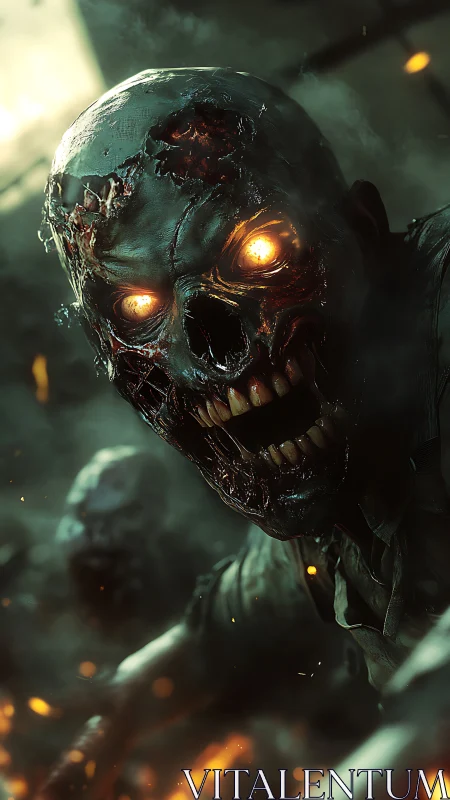 Decayed humanoid figure with glowing eyes in dense smoke.