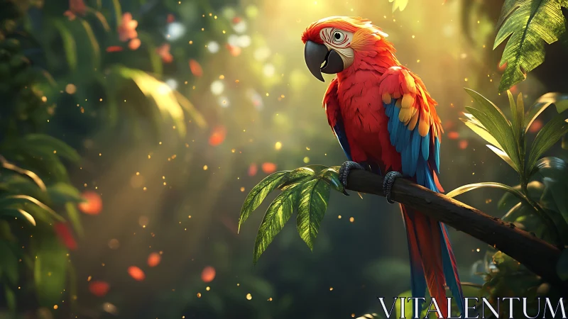 Vibrant scarlet macaw on jungle branch in magical sunlight.