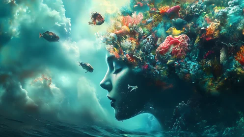 Surreal oceanic portrait with coral crown and dreamlike fauna.