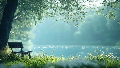 Lakeside park bench under verdant canopy, digital painting.