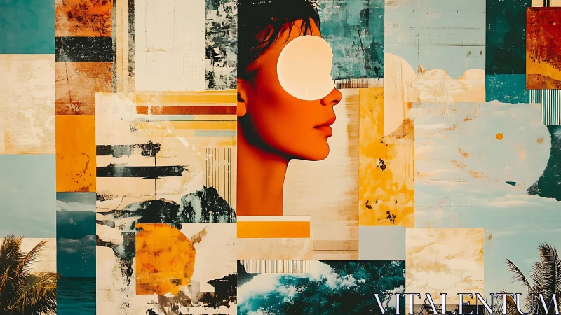 Abstract female profile in layered geometric collage art.