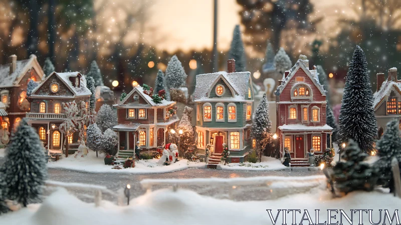 Snow-dusted miniature village with warm glowing windows.