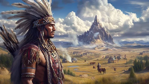 Proud tribal warrior surveys a vast valley beneath sacred peak