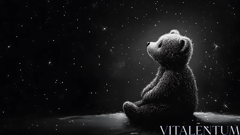 Solitary teddy bear gazes into a star-filled monochrome void
