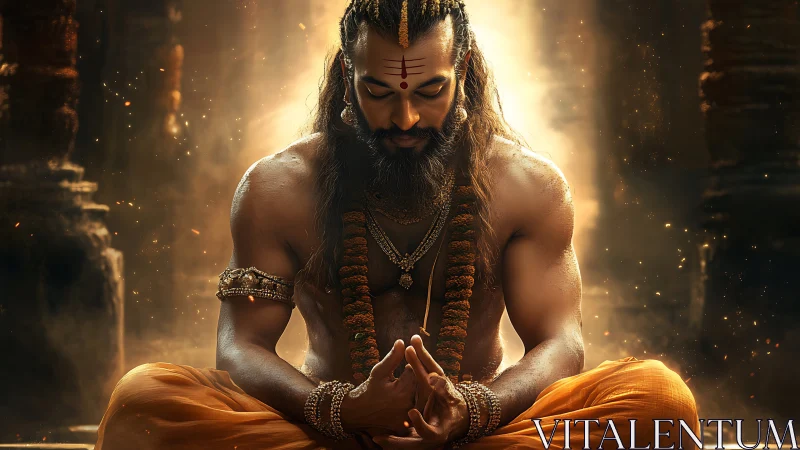 Ascetic yogi in luminous temple ambience meditates in stillness