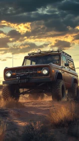 Dust crowned bronco conquers sunset-soaked desert trail.