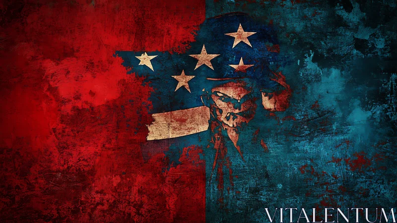 Skull silhouette divides textured red and blue grunge field